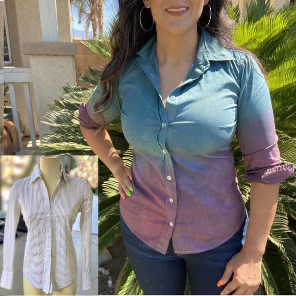 ReDyed Button Down Work Shirt With Green to Purple Ombre - Picture 1 of 4